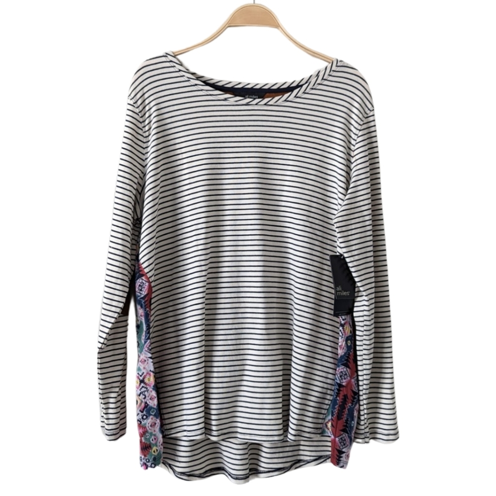 Ali Miles Womens Cotton Blend Striped Long Sleeve Elbow Patch Top Sz XL Brown